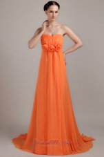 Cheap Orange Empire Sweetheart Brush Train Chiffon Hand Made Flowers Plus Size Prom Dress