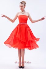 Cheap Orange Red Empire Strapless Prom Dress Chiffon Beading Knee-length
