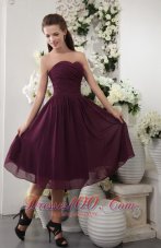 Cheap Dark Purple Empire Sweetheart Tea-length Chiffon Pleat Bridesmaid Dress
