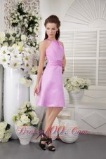 Cheap Lavender Empire High-neck Knee-length Satin Bridesmaid Dress