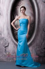 Cheap Simple Aqua Blue Bridesmaid Dress Column Strapless Elastic Woven Satin Brush Train