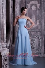 Cheap Pretty Light Blue A-line Strapless Prom / Homecoming Dress Satin and Chiffon Brush Train