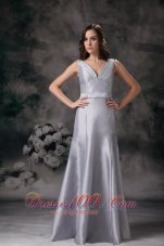 Grey Column / Sheath V-neck Floor-length Satin Ruch Bridesmaid Dress