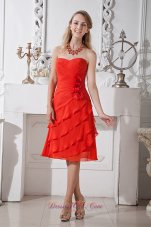Red A-line Sweetheart Knee-length Chiffon Hand Made Flowers Prom / Homecoming Dress