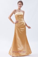 Champagne Column / Sheath Strapless Floor-length Satin Ruch Bridesmaid Dress