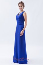Royal Blue Column / Sheath V-neck Floor-length Chiffon Ruch Bridesmaid Dress