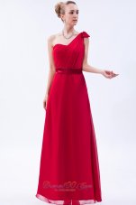 Red Column One Shoulder Floor-length Chiffon Ruch Bridesmaid Dress