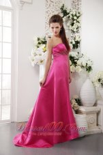 Hot Pink A-Line / Princess Strapless Brush Train Satin Beading Hot Pink Prom / Evening Dress