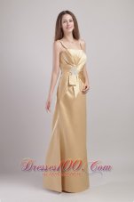 Champagne Column / Sheath Spaghetti Straps Floor-length Satin Appliques Bridesmaid Dress