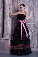 Informal Black A-line Strapless Evening Dress Taffeta Sash and Pick-ups Floor-length