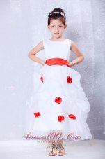 New Custom Made White and Red A-line Scoop Hand Made Flowers Flower Girl Dress Ankle-length Organza and Taffeta