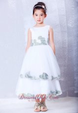 New Popular White A-line Scoop Hand Made Flowers Flower Girl Dress Tea-length Tulle and Taffeta