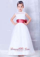 New To Seller White and Coral Red A-line Bateau Bow Flower Girl Dress Ankle-length Organza and Taffeta
