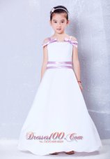 New Sweet White and Lavender A-line Straps Bows Flower Girl Dress Ankle-length Taffeta