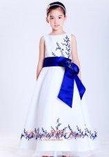 New Pretty White and Blue A-line Scoop Embroidery Flower Girl Dress Ankle-length Satin and Organza