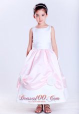 New Sweet White and Pink A-line Scoop Hand Made Flowers Flower Girl Dress Ankle-length Taffeta