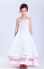New Fashionable White and Pink A-line Straps Embroidery Flower Girl Dress Ankle-length Taffeta and Satin