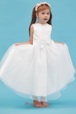 New White A-line Scoop Ankle-length Organza Sash Flower Girl Dress