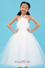 New White A-line Halter Flower Girl Dress Ankle-length Tulle Appliques
