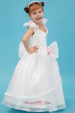 New White A-line Square Flower Girl Dress Organza Hand Made Flowers Floor-length