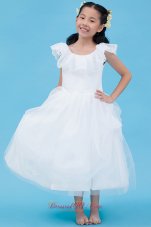 New White A-line Scoop Flower Girl Dress Ankle-length Tulle Lace