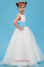 New White A-line Scoop Flower Girl Dress Organza Belt Floor-length