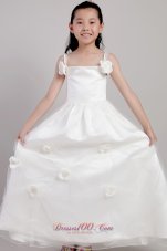 New White A-line Straps Ankle-length Taffeta and Organza Hand Made Flowers Flower Girl Dress