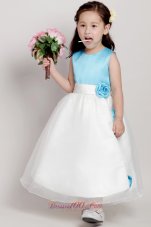 New White and Blue A-line Scoop Ankle-length Taffeta and Organza Hand Made Flowers Flower Girl Dress