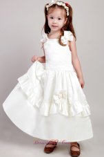 New White A-line Straps Ankle-length Taffeta Bow Flower Girl Dress