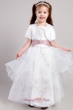 New White A-line Square Ankle-length Taffeta and Organza Embroidery Flower Girl Dress