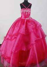 Beautiful Straps Fuchsia Little Girl Pageant Dresses With Beading Organza  Pageant Dresses