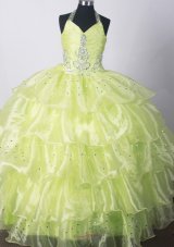 2013 Fashionable Yellow Green Little Girl Pageant Dresses With Beading and Ruffled Layers