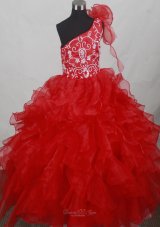 Popular Red One Shoulder Flower Girl Pageant Dress With Ruffled Layers and Embroidery Decorate  Pageant Dresses
