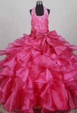 Fushsia Flower Girl Pageant Dress With Halter Neckline Beaded Decorate Bodice  Pageant Dresses