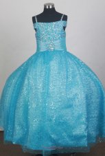 Light Blue Sequin Flower Girl Dress With Spaghetti Straps Neckline Beaded Decorate  Pageant Dresses