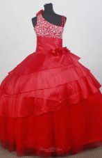 Asymmetrical Red Beaded and Flowers Decorate Flower Girl Dress  Pageant Dresses