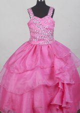 Hot Pink Straps Neckline Beaded Decorate Bodices Flower Girl Pageant Dress  Pageant Dresses