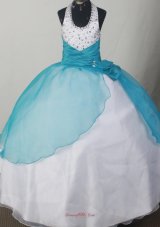 Beaded Decorate Lovely Halter Neckline Teal and White Flower Girl Pageant Dress  Pageant Dresses