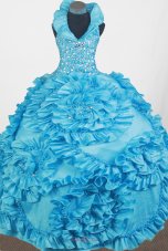 Luxurious Beading Hand Made Flowers Ball Gown Little Gril Pageant Dress Halter Top Floor-length  Pageant Dresses