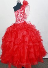 Red One Shoulder Little Girl Pageant Dresses With Hand Made Flowers and Ruffled Layers  Pageant Dresses