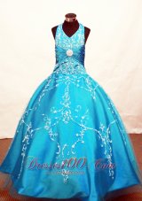 Modest Blue Flower Girl Pageant Dress With Appliques Decorate On Tulle Halter Neckline  Pageant Dresses