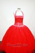 Red Custom Made Beaded Decorate Tulle Flower Girl Pageant Dress With Halter Neckline  Pageant Dresses
