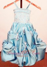 Beading Appliques Spaghetti Straps Little Girl Pageant Dresses With Pick-ups Baby Blue  Pageant Dresses