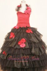 2012 Modest Ruffled Layeres Little Girl Pageant Dresses With Halter Black and Red Hand Made Flowers