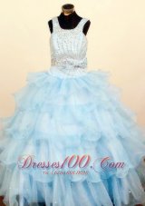 Lovely Baby Blue Ruffled Layeres Little Girl Pageant Dresses Square Neck Floor-Length Ball Gown  Pageant Dresses
