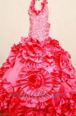 Exquisite Coral Red Little Girl Pageant Dresses Ball Gown Halter top neck Floor-Length  Pageant Dresses