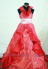 Customize Halter Top Red Organza Beaded Little Girl Pageant Dresses  Pageant Dresses