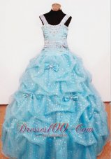 Bowknot Ball Gown Straps Aqua Blue Beading Little Girl Pageant Dresses For Custom Made  Pageant Dresses