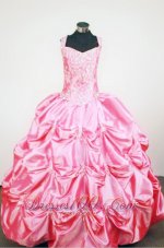 Pick-ups Straps Rose Pink Taffeta Beading Little Girl Pageant Dresses Custom Made  Pageant Dresses