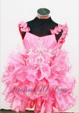Cute A-Line Straps Mini-length Hot Pink Organza Beading Little Girl Pageant Dresses  Pageant Dresses